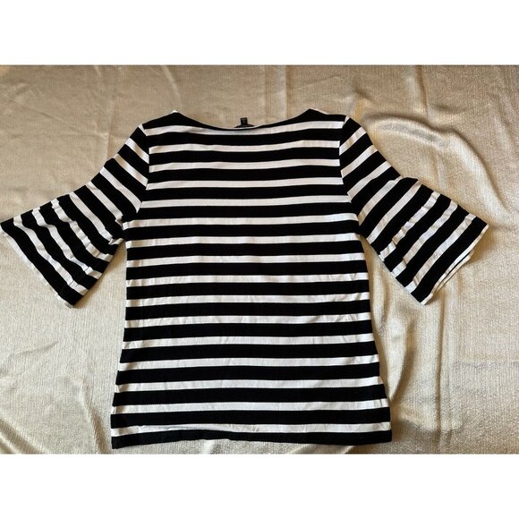 Talbots Black White Striped Woman’s Shirt Top Sz Small 3/4 Ruffle Sleeves Blouse - Picture 6 of 7